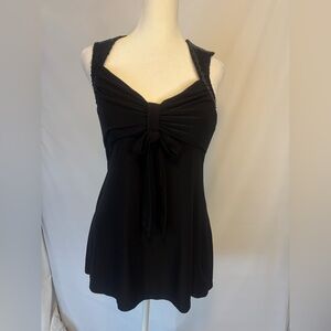 Studio Y size LARGE black top, gather neckline w/ tie sequin sleeve trim